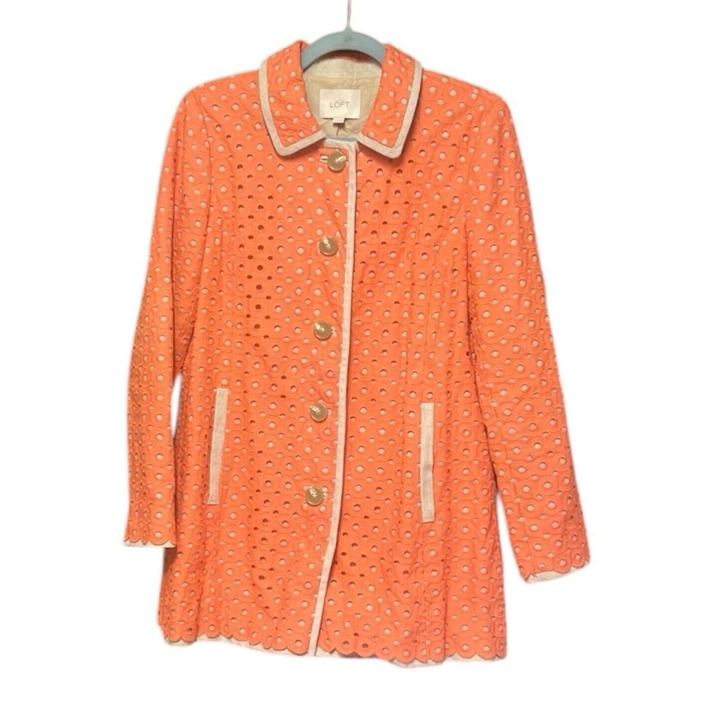 Ann Taylor LOFT Orange Eyelet Lace Beige Linen Duster Jacket Blazer Size Small